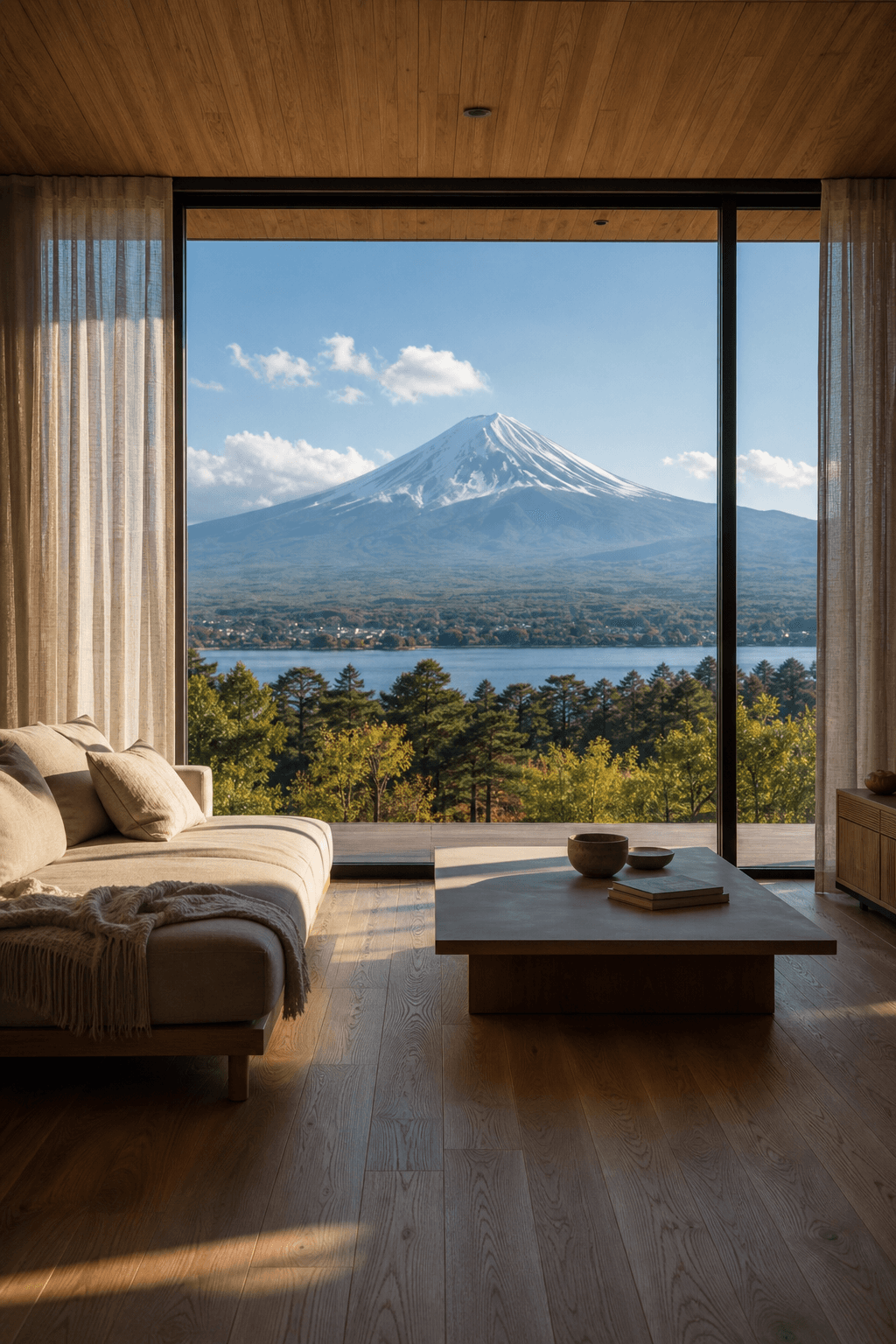 別荘の室内から大きな窓越しに望む富士山の景色